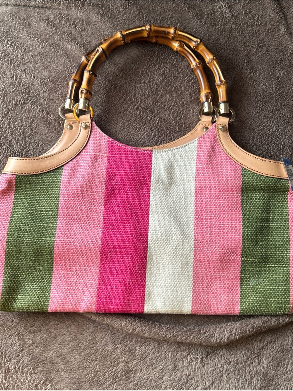 Vintage GUCCI Striped Pink & Green Bamboo-Handle Women's Handbag - Picture 2 of 6